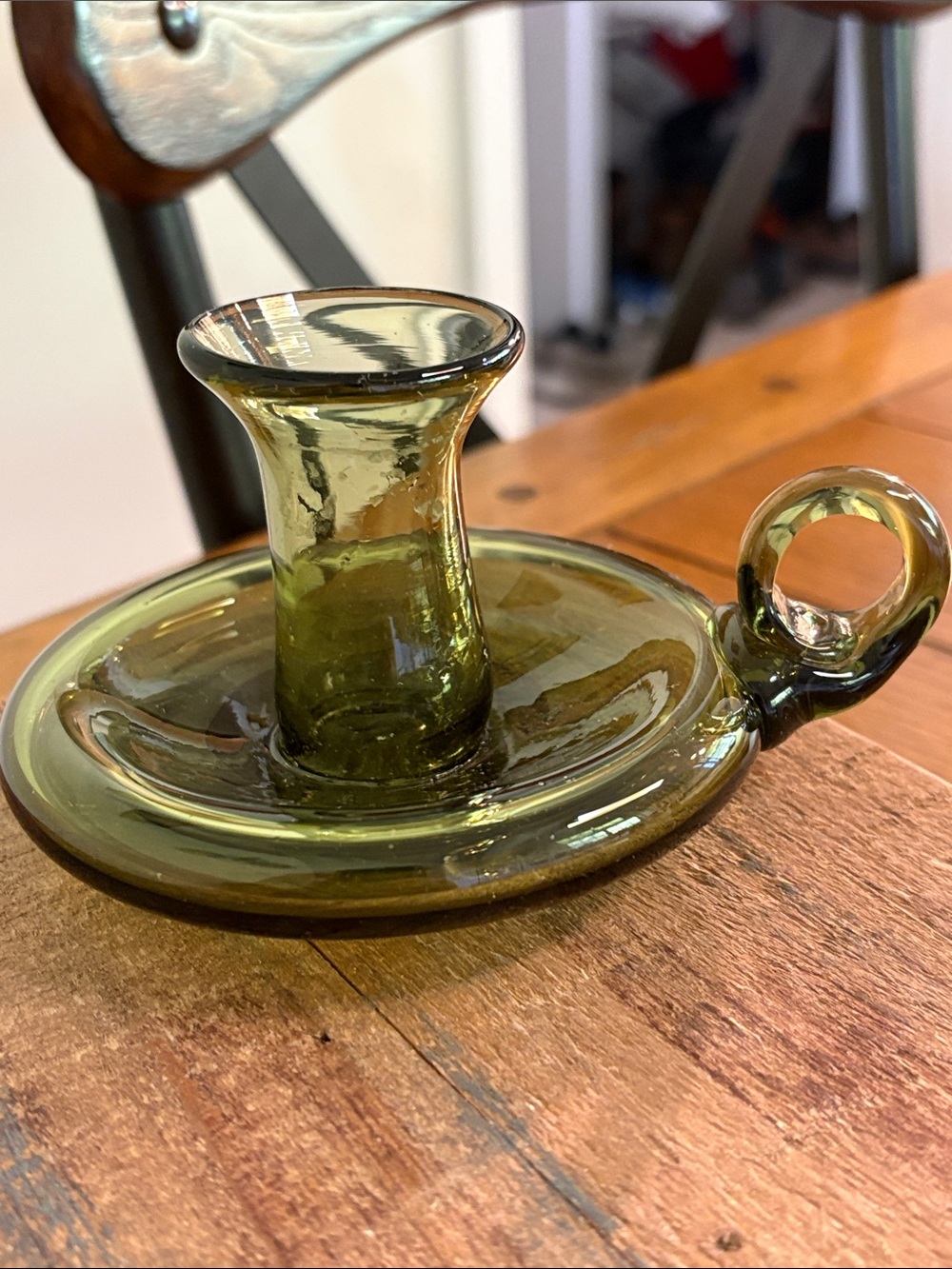 Olive Green Glass Chamberstick Candle Holder